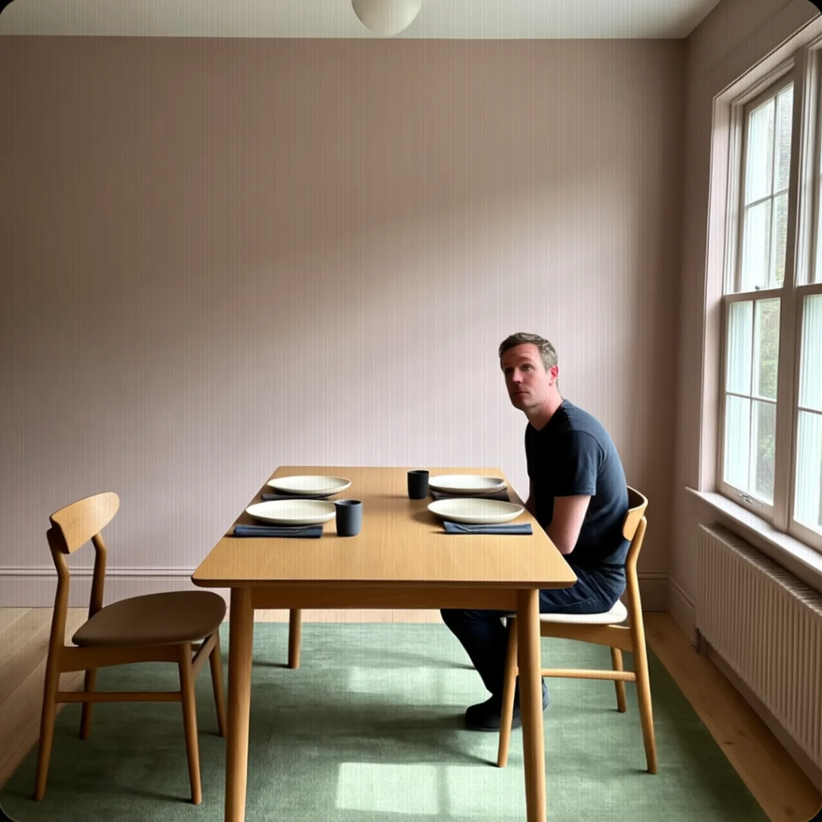 A person sitting alone at a table by a window