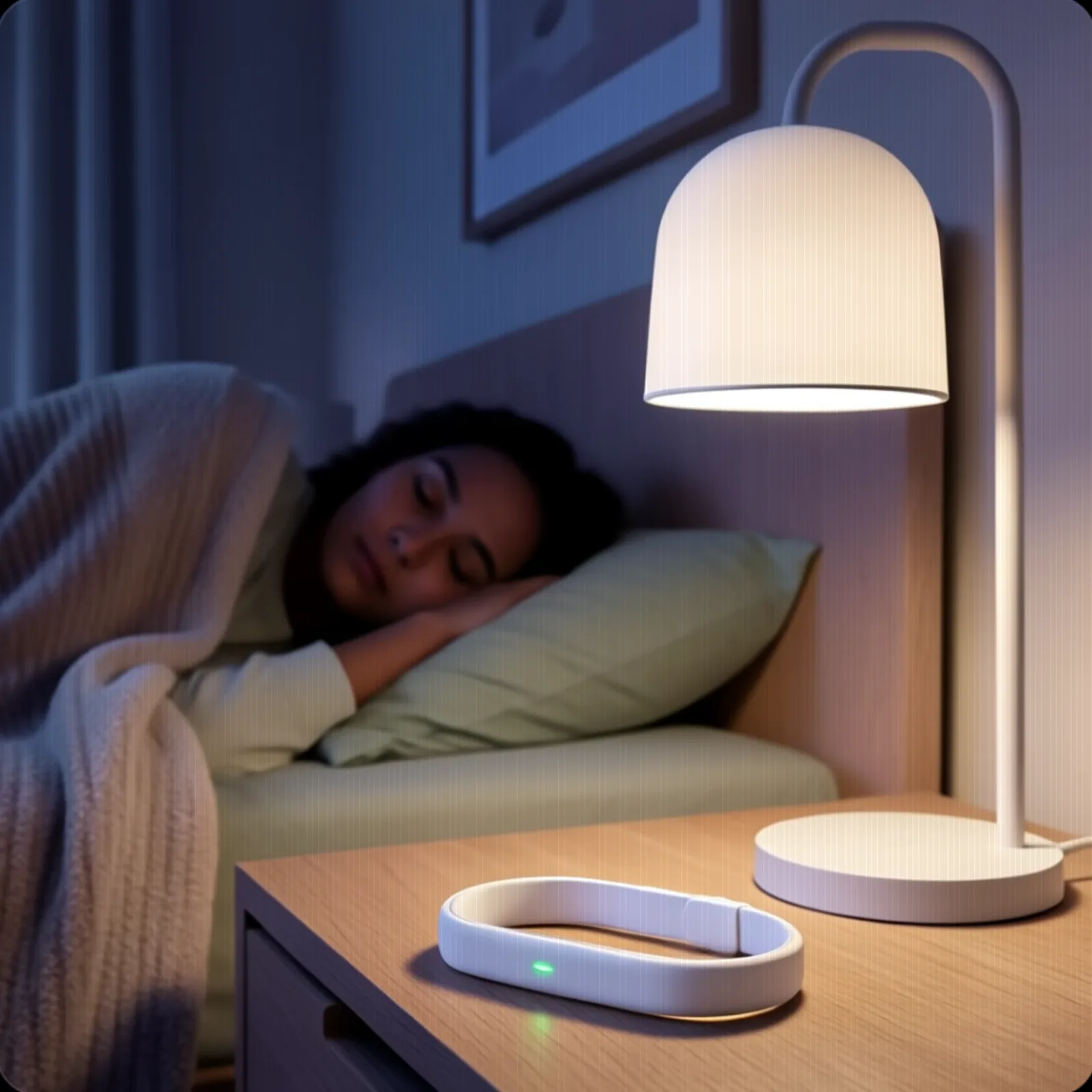 Wha resting on a nightstand, its light on, while someone sleeps nearby