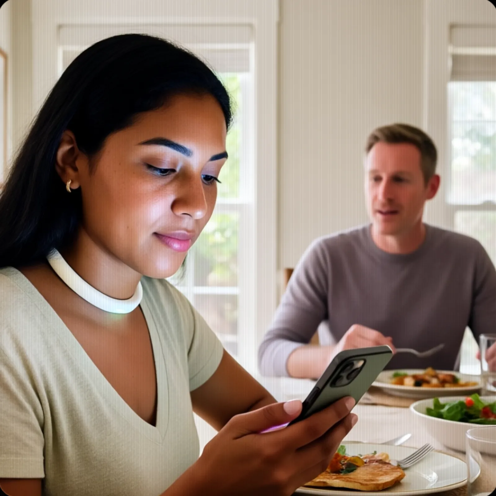 A person looking at their phone at dinner while someone across the table speaks