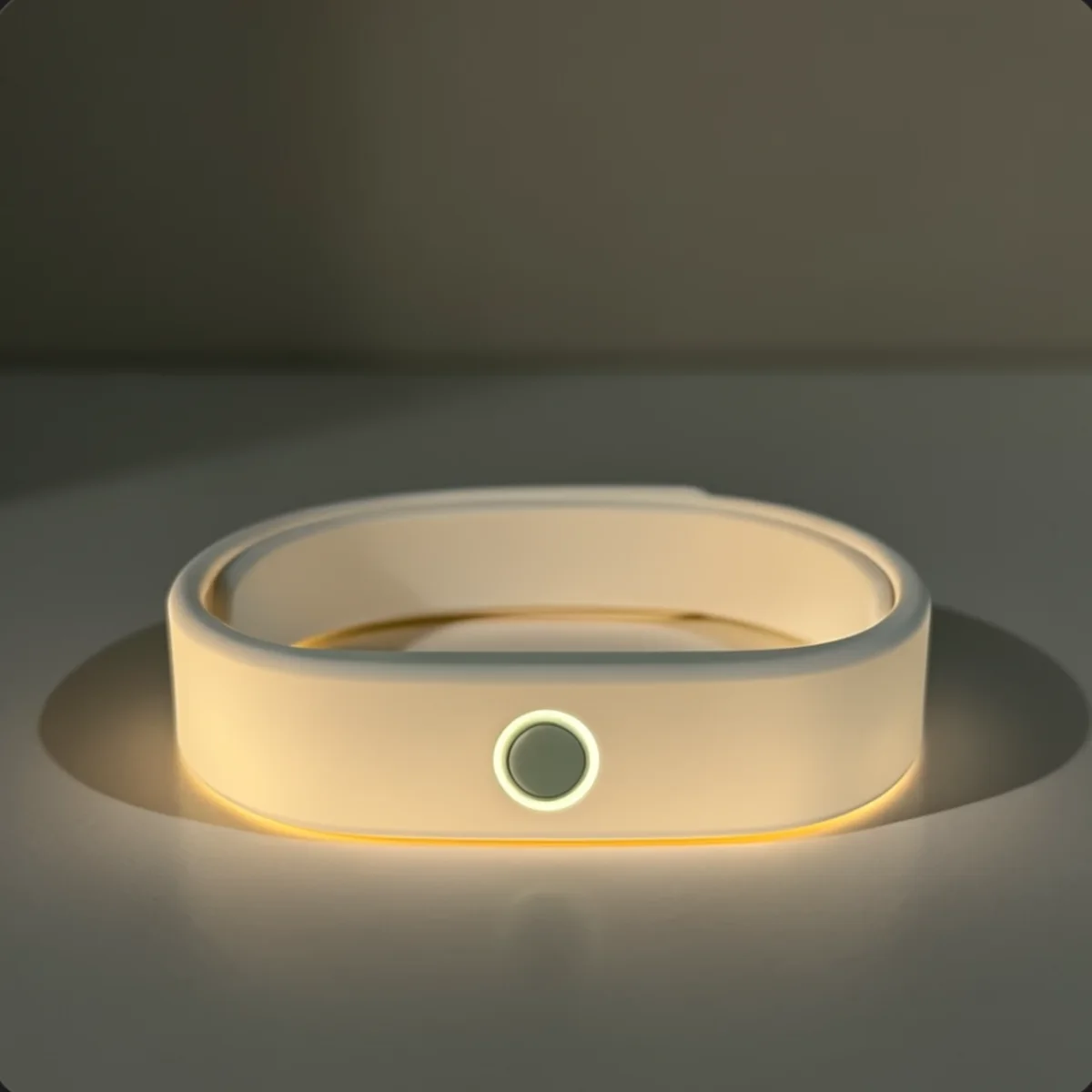 Wha resting on a surface, its sensor glowing softly as it powers itself