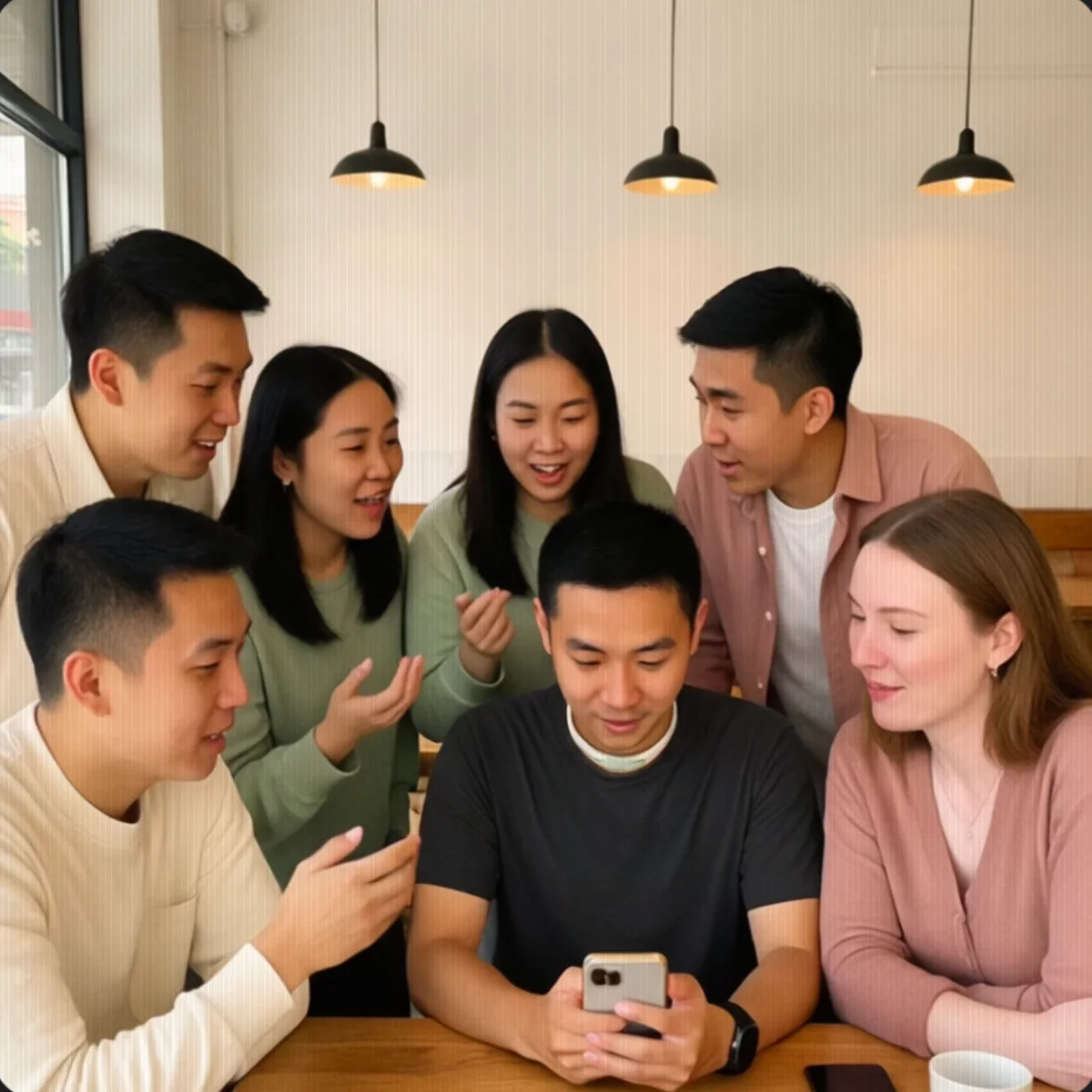 A group of friends gathered around a single phone